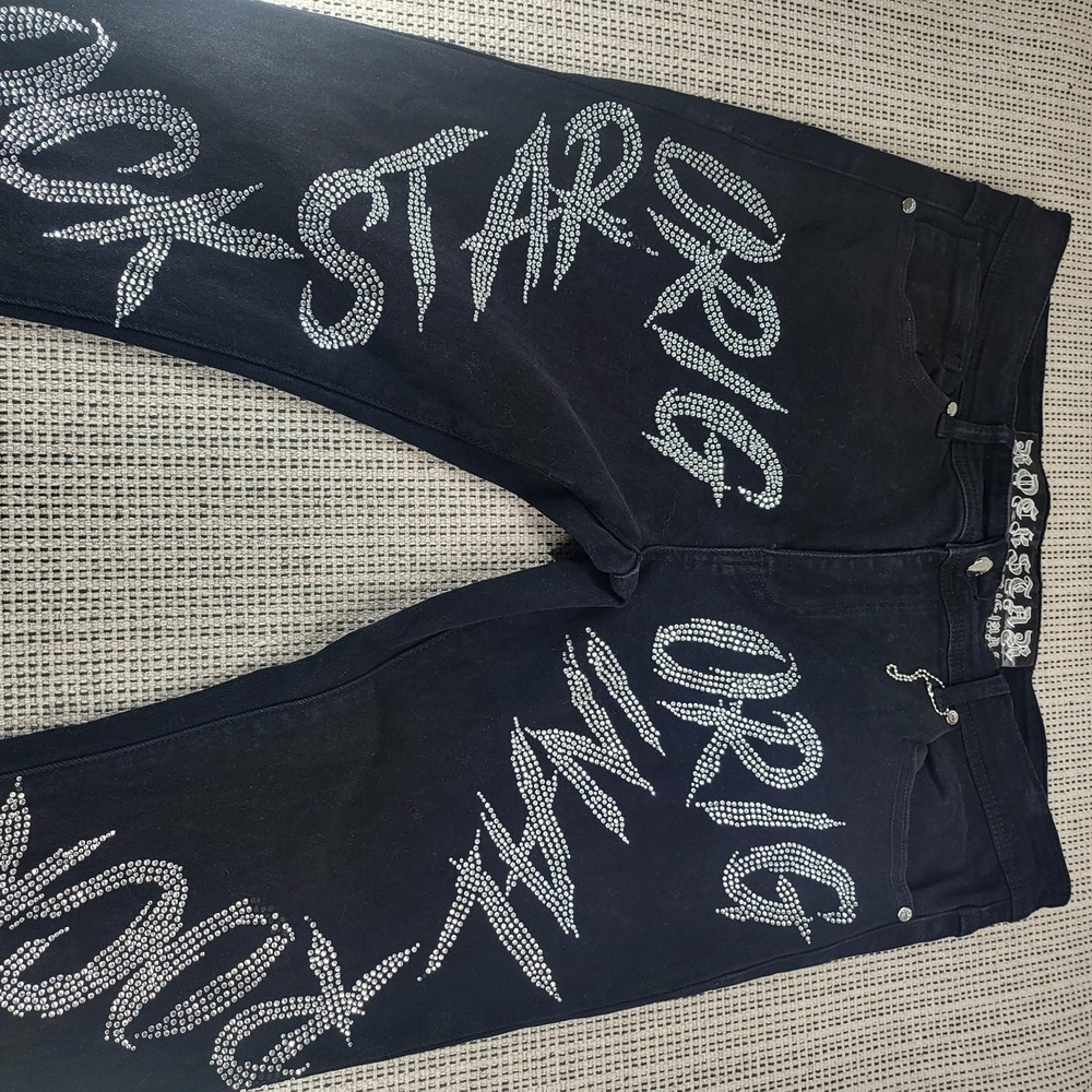 Rockstar Original Black Label Jeans Mens 37x32 Black Rhinestone Straight Leg